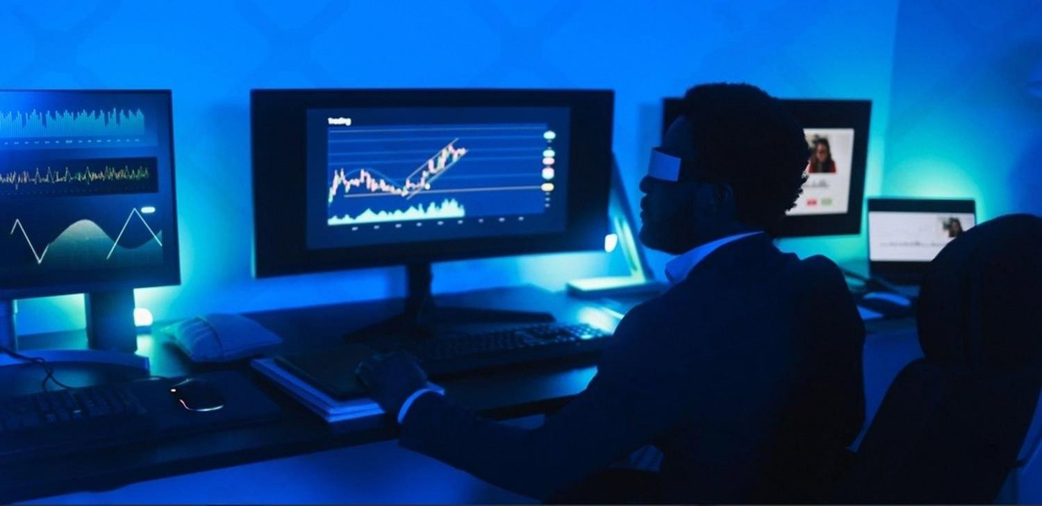 IT professional analysing data on multiple monitors in a blue-lit office